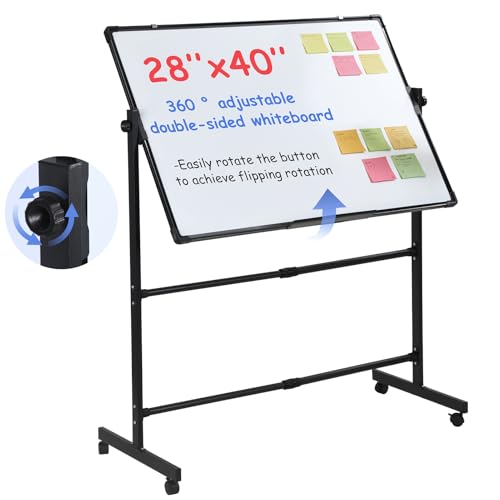 Tacarlha 28"x40" Double-Sided Rolling Whiteboard, Height Adjustable (40"-75") Magnetic Easel with 360° Silent Lockable Wheels, Complete Accessory Set for Office, Classroom, Meetings Black 70x100 cm