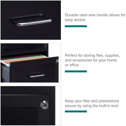 Pemberly Row 2 Drawers 26.7" Vertical Black Metal Filing Cabinet Lockable Pre-Assembled Movable Letter Size for Home, Office