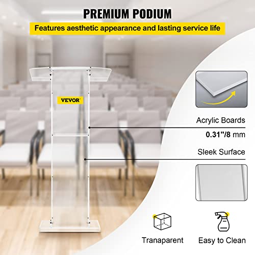 VEVOR Acrylic Podium 45" Tall Plexiglass Podium 26.8"x15" Table Acrylic Pulpits for Churches with 8 mm Thick Acrylic Board Acrylic Podiums and Lecterns Design for Lecture Recital Speech & Presentation
