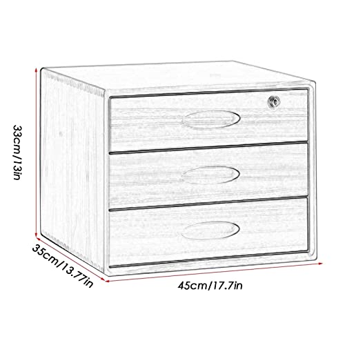 EliteBloom Solid Wood Storage Box - Desktop File Cabinet - with Lock Flat File Cabinet Storage, Desktop Drawer Cabinet, Wooden File Cabinet/Desktop Storage Cabinet/Data Cabinet (C 3 Drawer)