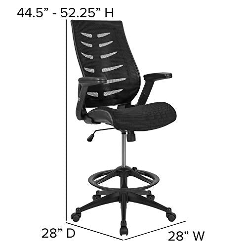 BizChair High Back Black Mesh Spine-Back Ergonomic Drafting Chair with Adjustable Foot Ring and Adjustable Flip-Up Arms