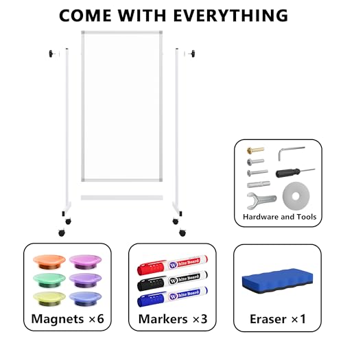 Large Rolling Whiteboard on Wheels, 48" x 24" Height Adjustable Mobile White Board with Stand, 4' x 2' Portable Standing Magnetic Dry Erase Board Easel for Home Office Classroom School, Silver