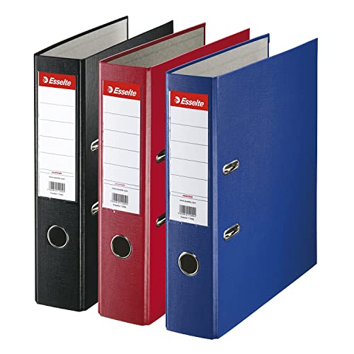 Esselte, Pack 3 A4 Lever Arch File, 550 Sheets Capacity, PP, Plastic Cover, Red, Blue and Black File Folders, 628327