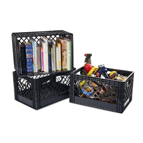 HORSESHOE STORAGE Stackable Milk Crates, 3 Pack, Kitchen Work Commercial Garage Totes, 24 Quart, Heavy Duty Plastic, Black, 19" L x 13" W 11" H