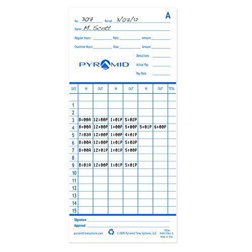 Pyramid Time Systems - Authentic Time Cards (42415MB) for Pyramid Models 2500, 2500K1, 2600 and 2650 Aligning Time Clocks, Double Sided Time Sheets (3.38 x 7.44 In) - 1000 Time Cards - Blue/Green