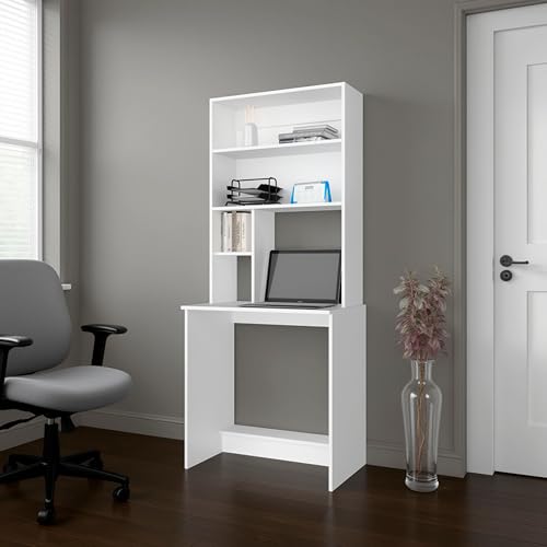 DEPOT E-SHOP 30" Motley Computer Hutch Desk, Lower Shelf, Four Shelves, White -Office – Computer Desk with Integrated Storage for Home Office, Study Room & Compact Workspaces