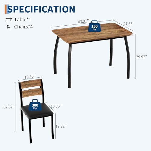 Garvee Dining Table Set for 4, Modern Metal & Wood with Cushion Seats,Retro