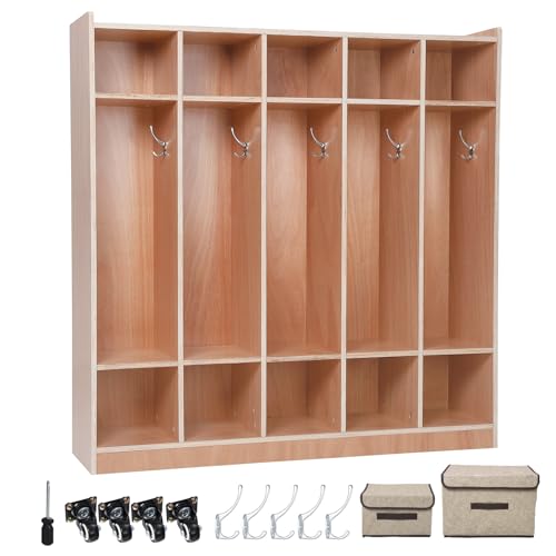 LIZHOUMIL 5-Section Classroom Coat Locker, 10 Cubbies Storage Organizer with 5 Hooks, 2 Storage Bins and 4 Hidden Casters, Anti-Tip Kit Included for Daycare, Kindergarten, School and Home Use
