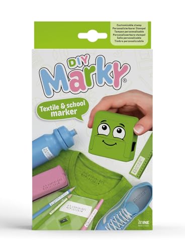 MARKY Stamp Set Green, with Black Ink for Labelling Various Items and Clothing, incl. 3in1 Refill Set with Ink pad, 40 Labels and 1 m thermotape