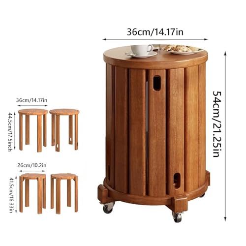 Acivirdde Solid Wood Side Table with Wheels, Round Stacking Stool Set, Multifunctional Combination Table and Chairs (Walnut)