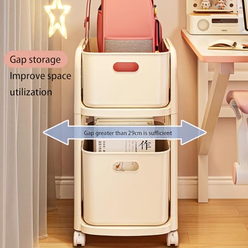 JS Ellie Book cart with 360° Swivel Wheels and Drawers, Movable and Large-Capacity Bookshelf, Multi-Functional Trolley Storage Rack, Suitable for Living Rooms, Studies, and bedrooms White 2tier-B