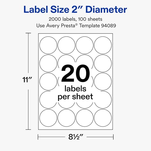 Avery Durable White Round Waterproof Labels, 2" Diameter, Laser/Pigment-Based Inkjet Printer Compatible, 2000 Printable Labels Total, Great for Branding, Packaging, and More