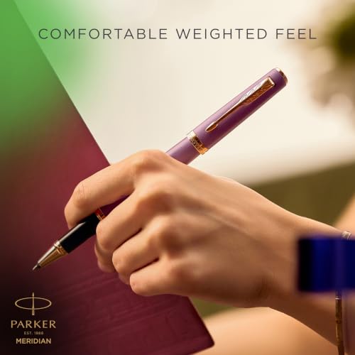 PARKER Meridian Rollerball Pen | Purple Lacquer with Rose Gold Trims | Fine Nib | Handwriting Pens & Stationery Supplies | Black Ink | Luxury Gift Box
