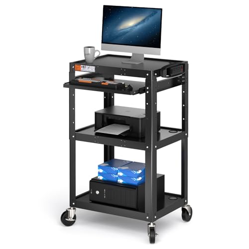 POCHAR Steel AV Cart on Wheels - Rolling Projector Cart with Height Adjustable Shelf, Pullout Keyboard Tray, Power Strip, Cord Management - Mobile Media Carts Computer Workstation for Office Classroom