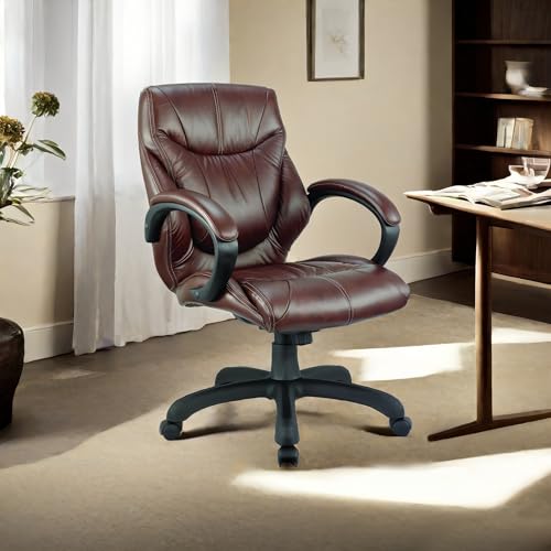 Nicer Furniture Genuine Leather Middle Back Executive Chair, Chocolate Brown Real Leather