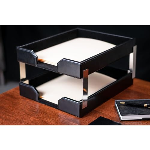 Dacasso Black Bonded Leather Front-Load Double Letter Tray Set w/Silver Stacking Posts - Luxury Executive Decor and Office Essential - Desk Surface Protector