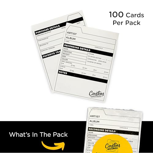 Carstens Records Vinyl Record Catalog Cards – 4 x 5.25 Inches, White, Pack of 100 – Printed Collector Cards, Double-Sided – Vinyl Record Accessories for Collectors