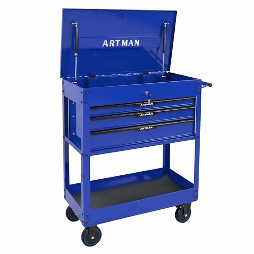 LULUINSHINE 3 Drawer Rolling Tool Cart, Heavy Duty Lockable Metal Tool Storage Cart with Wheels, Rust Resistant Service Cart for Garage Warehouse Workshop