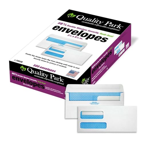 Quality Park #8 5/8 Security Envelopes, Double Window, Self Seal Envelopes for Invoices/Statements, 3-5/8" x 8-5/8", 24 lb White, 500/Box (QUA24539)