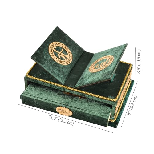 Quran Book with Wooden Rahle Stand – Green Hardcover Islamic Gift Set for Eid, Ramadan, Muslim Men & Women
