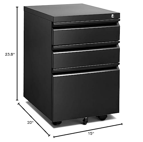 INTERGREAT 3 Drawer File Cabinet, Metal Filling Cabinets with Lock, Locking Office Mobile Cabinet with Wheels for Legal/Letter Size, Under Desk, Assembled, Black