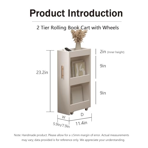 2 Tier Rolling Book Cart with Wheels, Mobile Shelving Unit, Narrow Side Table,Multi Functional Movable Storage Book Rack Bookcase,Small Utility Gap Filler Unit for Living Room, Bedroom, or Kitchen