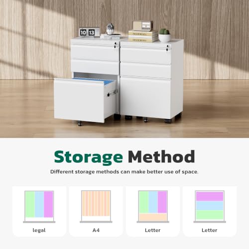 Greenvelly 3 Drawer Mobile File Cabinet with Lock, Fully Assembled Rolling File Cabinet Except Casters, Under Desk File Cabinet with Wheels for Home Office Fit Legal/Letter/A4 File (Assembled, White)