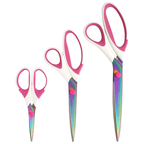BambooMN Titanium Softgrip Scissors Set for Sewing, Arts, Crafts, Office - 30 Sets of 3 - White w/Pink Inlays