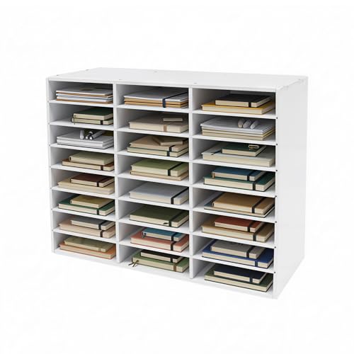 YYHGTRD 24 Slot Mail Sorter Organizer, Freestanding File Folder Storage Rack with Removable Shelves, Large Capacity Document Holder for Office Home Classroom, White PVC Literature Organizer