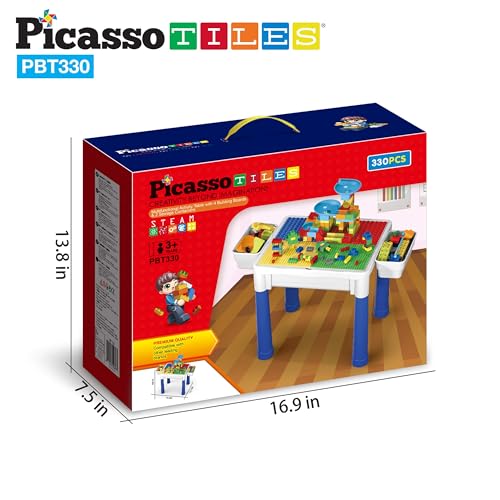 PicassoTiles Kids Activity Center Play Table & Study Desk Set Sandbox Water Tight Container Storage All-in-1 STEM Toy Kit Playset with 330pc Dual Size Building Bricks Construction Blocks Marble Run