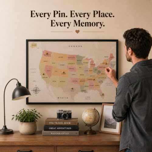 LEVONTO USA Map Pin Board Large 30"x20" Framed Colored Cork Travel Map with 200 Push Pins, US Map Cork Board Wall Decor, Push Pin USA Map Travel Gift for Tracking Places Traveled & Family Adventures