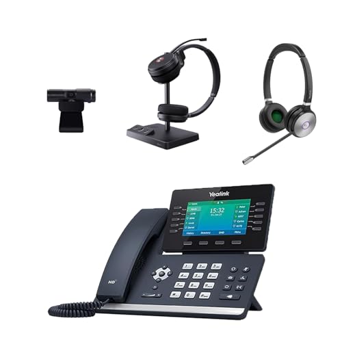 Yealink SIP-T54W IP Corded/Cordless, 4.3-Inch Color Display Desktop Phone Bundle with WH62 Dual Wireless Bluetooth Over Ear Headset, Cam 313 2MP Webcam for Office
