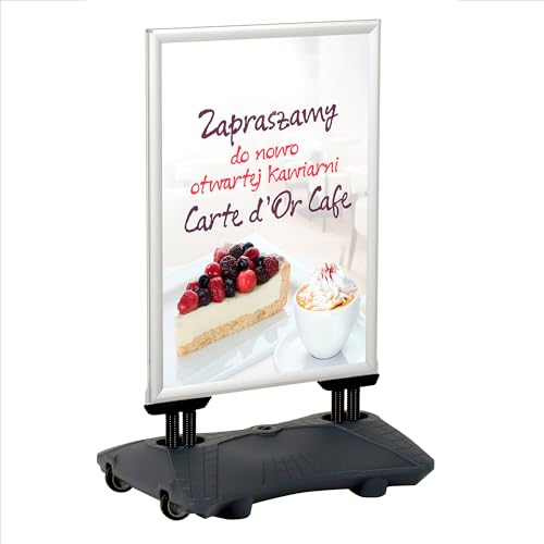 M&T Displays WindPro Lite Weather and Wind Resistant - Outdoor Pavement Curb Sidewalk Sign Holder, Silver, Aluminum, Easy Front Loading Snap Frame, Durable LDPE, Gray Water Base (22x28 inch)