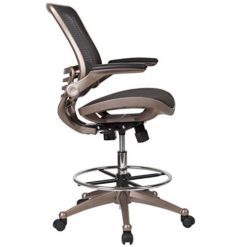 BizChair Mid-Back Transparent Black Mesh Drafting Chair with Melrose Gold Frame and Flip-Up Arms