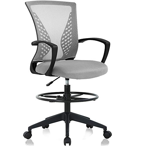 Drafting Chair Tall Office Chair Ergonomic Desk Chair Massage Mid Back Mesh Computer Executive Chair with Lumbar Support & Foot Ring Height Adjustable Rolling Swivel Drafting Stool for Standing Desk