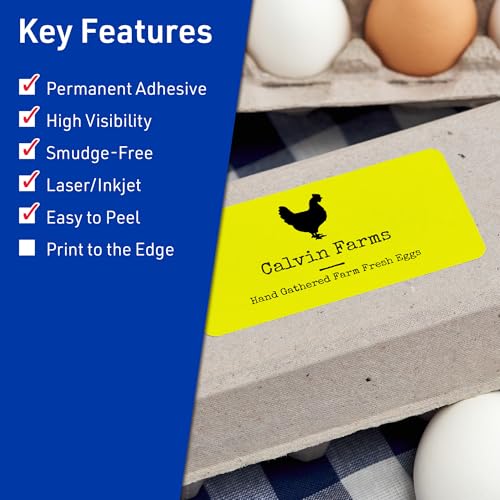 Avery Printable Rectangle Labels, Sure Feed Technology, 2" x 4", Neon Yellow Labels, Laser/Inkjet Printable, 800 Total, Great for Mailing and Candles