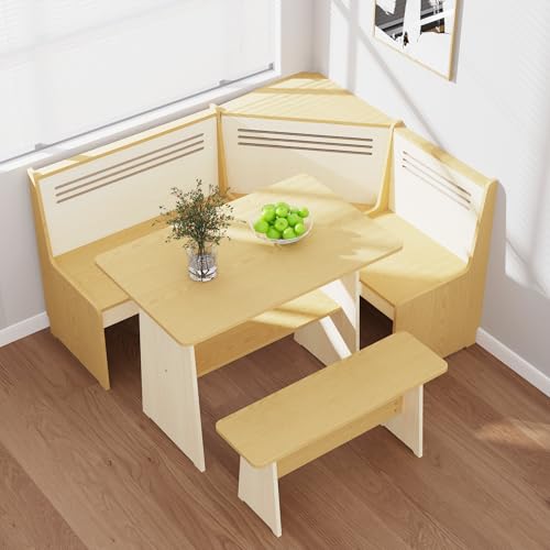 KYLE & KAY Breakfast Nook, Kitchen Nook Corner Table Set with USB, Bench and Storage Shelf, Dining Room Table and Chairs for 4-6, Solid Wood (Natural and White)