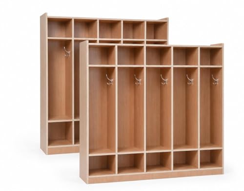 Garvee 2PCS 5-Section Classroom Coat Locker with 10 Cubbies, Wheeled Daycare Cubbies with 5 Hooks & 2 Storage Boxes, Kindergarten Lockers for Home, School (Glazed Finish)
