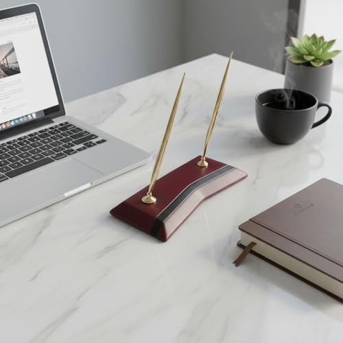 Dacasso Burgundy Leather Double Pen Stand with Gold Trim