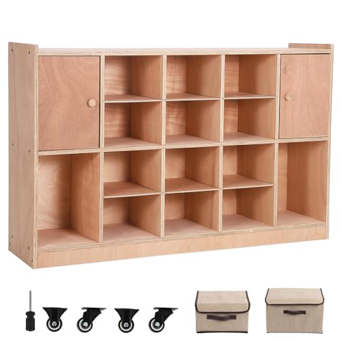 GarveeTech Cubby Tray Storage Cabinet with 2 Doors, Storage Organizer Cubes with 2 Anti-Flip Fittings, 4 Castors and 2 Boxes for Home, School, Kindergarten, Classroom Furniture, Natural