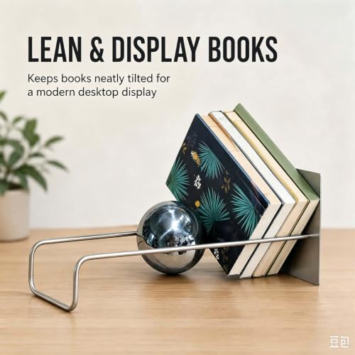 Gravity Ball Bookend, Stainless Steel Desktop Magazine Rack & Book Organizer, 18.9" Slanted Display Stand, Modern Decorative Book Holder for Office, Home, Entryway & Stainless Blue Ball