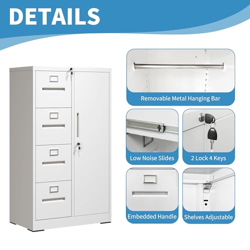 EKJ 4 Drawer Filing Cabinet with Lock, Metal Storage Locker Cabinets for Home Office, File Cabinet for Hanging File Folders Letter/Legal/A4/F4 Size Documents, Assembly Required