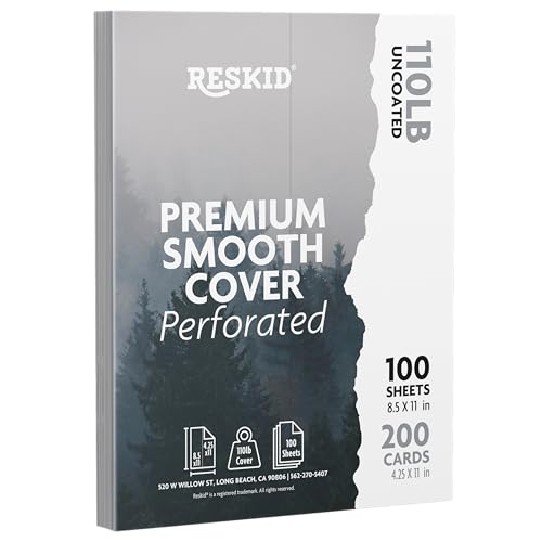 Reskid 100-Sheet Pack Of 110lb White Cardstock Thick Perforated Paper, 8.5x11 With 2 Per Page - 4.25x11 - Blank Heavy Weight Cover Card Stock - 100 Sheets With 200 Cards (2up - 4.25x11)