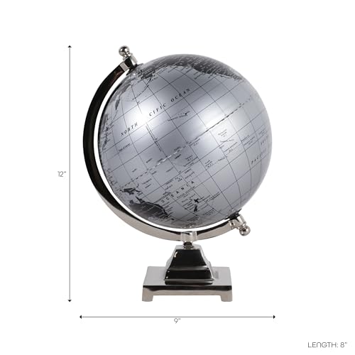 Modern Metal Globe for Home Decor - Desktop Globe Ornament for Office or Living Room Decor - Transitional Metal Design with Detailed Map for Shelf or Coffee Table Display - 12", Black & Silver
