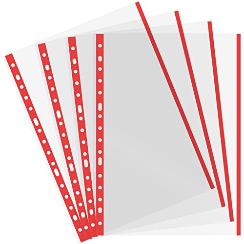 Grafoplás 5511051 Box of 100 Transparent Multi-Drill Pockets, Folio Size, Red, 16 Drills, Polypropylene, Extra Glass, for Ring Binder