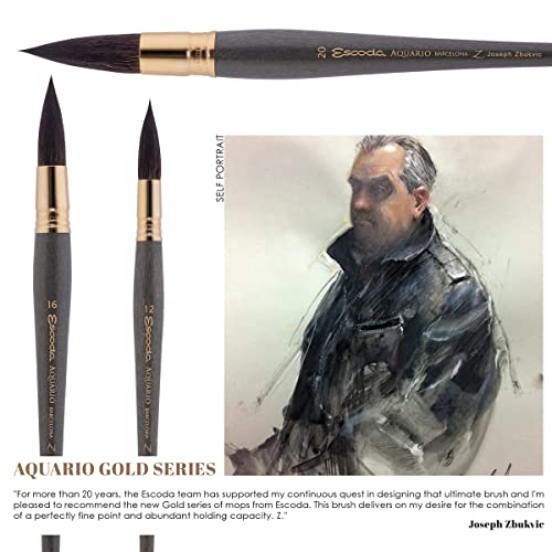 Escoda Aquario Gold Series 1140 Joseph Zbukvic Artist Watercolor and Acrylic Paint Brush, Short Handle, Round Mop, Petit Gris Natural Squirrel Hair (Size 20)