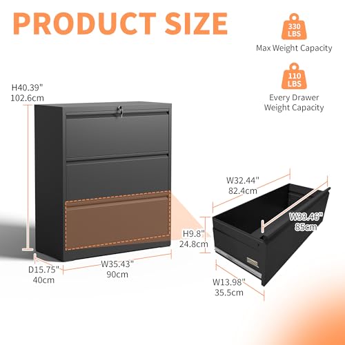 YHUBHSIS 3 Drawer File Cabinet, Metal File Cabinet with Lock, Printer Stand, Lateral File Cabinets for Home Office, Heavy Duty Office File Cabinets, A4/Letter/Legal Size, Tip-Resistant, Black
