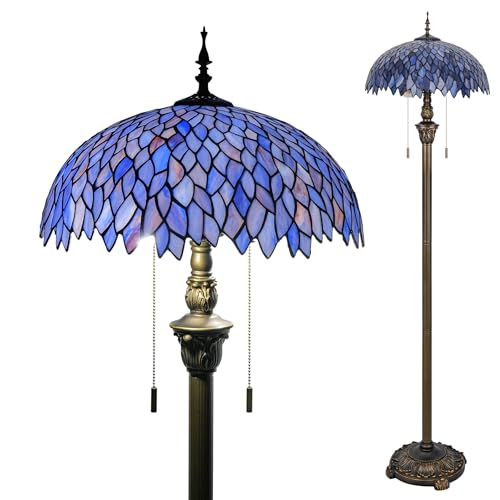 GILGGAK Tiffany Floor Lamp Blue Purple Wisteria Style Stained Glass Standing Reading Light 16x16x64 Inch Retro Inspired Pole Corner Lighting Art Decor for Bedroom Living Room Home Office