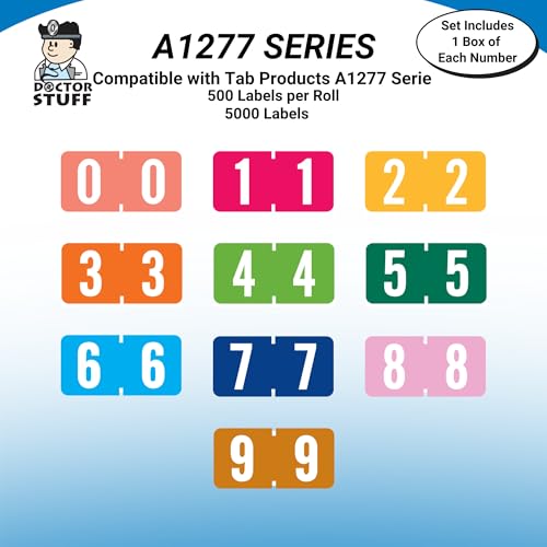 Doctor Stuff - File Folder Labels, Complete Set of Numbers 0-9, Tab Products 1277 Match - 1277 Series Chart Stickers, 1/2" x 1", 1 Each of 10 Rolls, 500/Roll