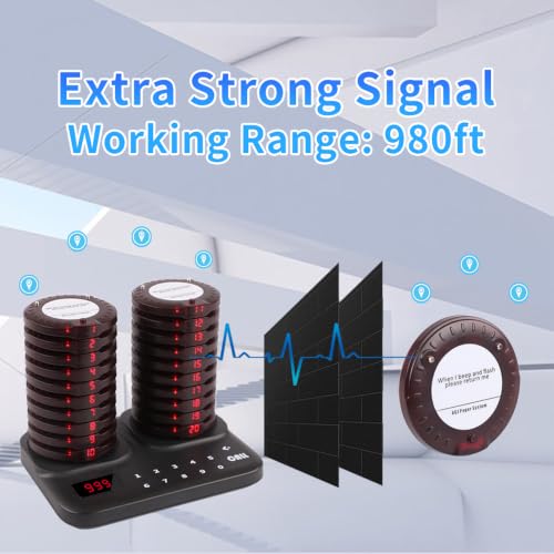 AGJ Restaurant Pager System Wireless 20 Coaster Beeper Guest Customer Queue Buzzer for Food Truck Church Nursery Clinic Coffee Shop
